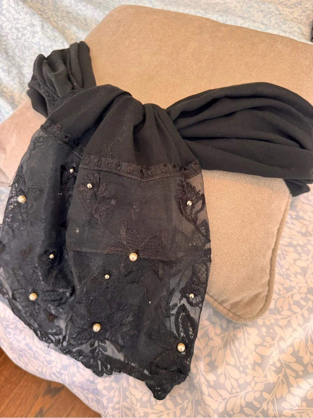 Black Lace Pearl Accent Scarf - Women Accessories